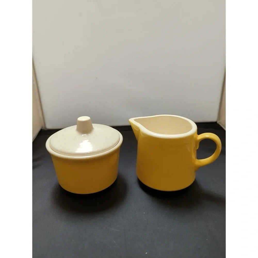 Mid Century USA Yellow and White Creamer and Sugar Bowl w/ Lid Set